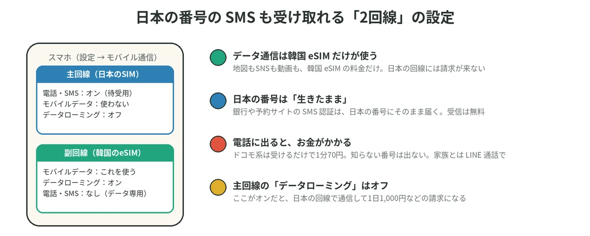 主回線の日本のSIMは電話とSMSの待受用、副回線の韓国eSIMはデータ用にする2回線の設定図